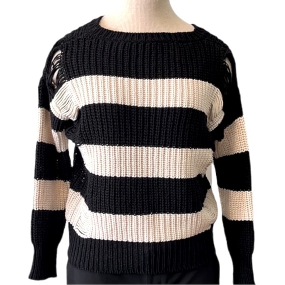 Sandro Stripe Distressed Knit Sweater, Black & Cream, size EU 2/Med, US 4-6 - Picture 5 of 16